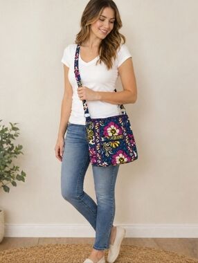 Vera Bradley Quilted Crossbody Bag Floral Blue Pink Adjustable Strap